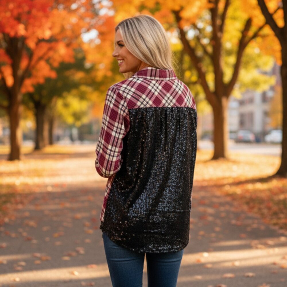 Blank Nyc Plaid Button Down With Sequin Back, Red… - image 2